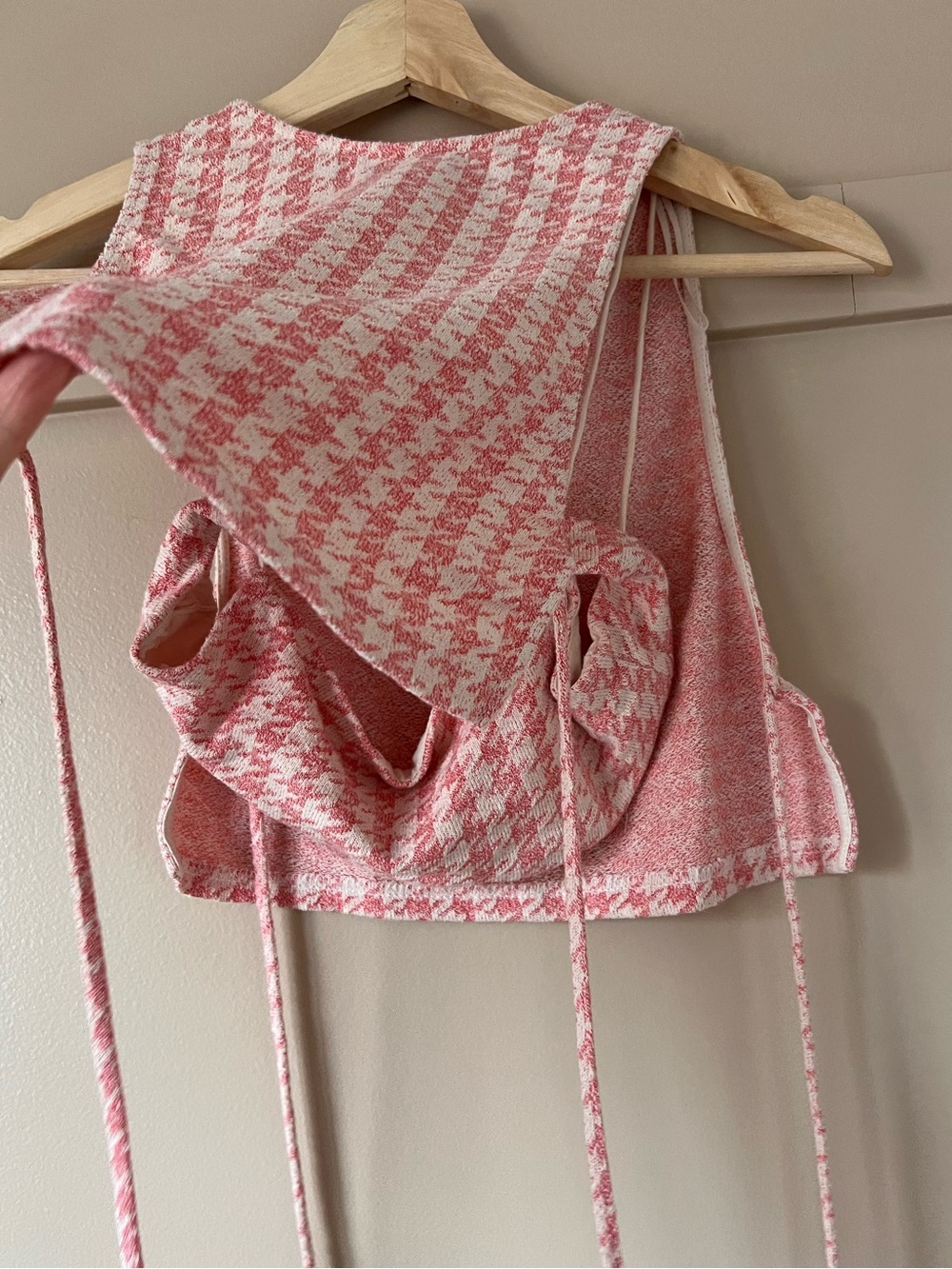 Zara Pink Houndstooth Crop Top | Built-In Bralette | Side Ties | Size Small - Picture 4 of 8